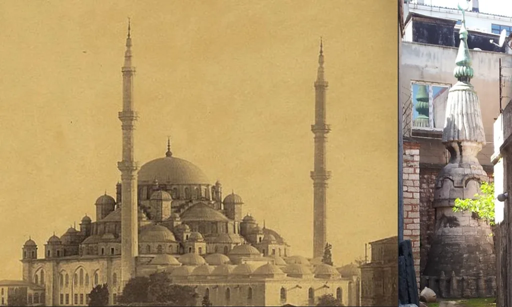 The minaret caps of Fatih Mosque were once made of stone. One of the stone caps from the 18th century fell onto the mosque courtyard at the end of the 1960s after being struck by lightning, piercing the courtyard pavement and breaking apart. As a result, the other stone cap was removed and placed in the garden of the Amcazade Hüseyin Pasha Madrasa in Saraçhane.