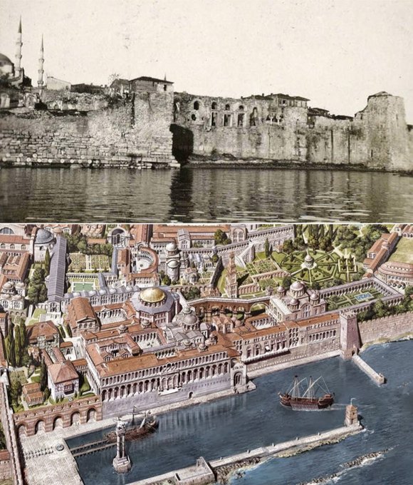 The Fenerli Kule (the rightmost structure), located in Cankurtaran, is believed to have been the Istanbul end of the optical signal system that began at the Cilician Gates.The photo shows the 19th-century appearance of the Bukoleon Palace, before the coastal land reclamation. The drawing is a reconstruction attempt by Byzantium 1200.