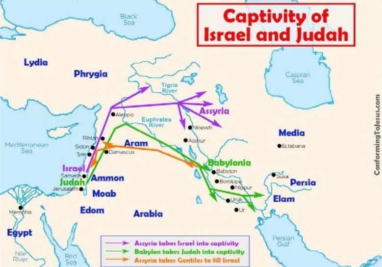 A map showing the invasions of the Israel and Judah kingdoms by the Assyrian and Babylonian empires and the directions of Jewish exiles.