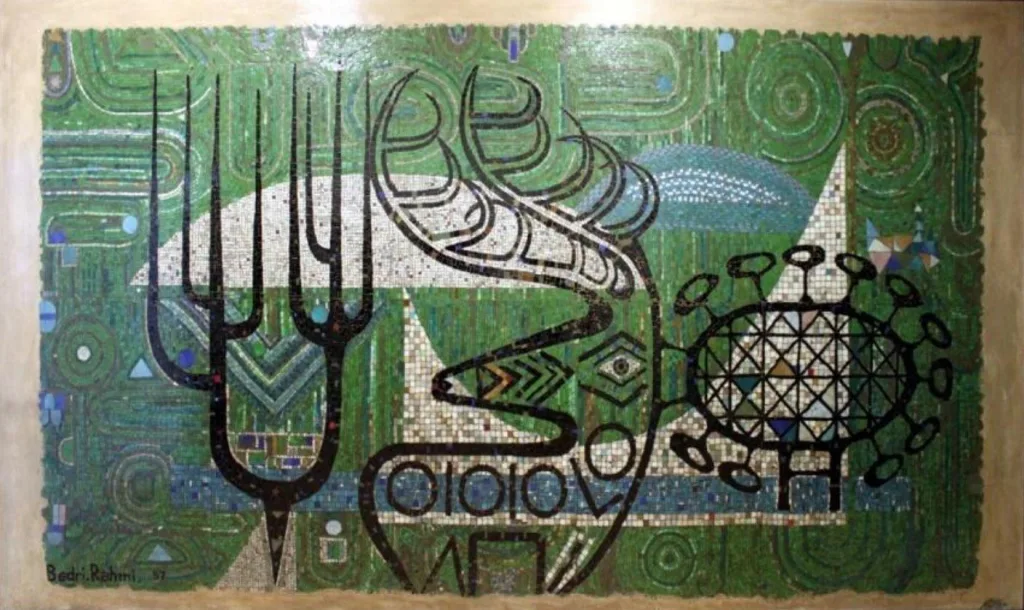 Bedri Rahmi’s first wall mosaic was created for the Etibank Building (Ankara). It is now stored in a warehouse, waiting for the day it will be displayed.