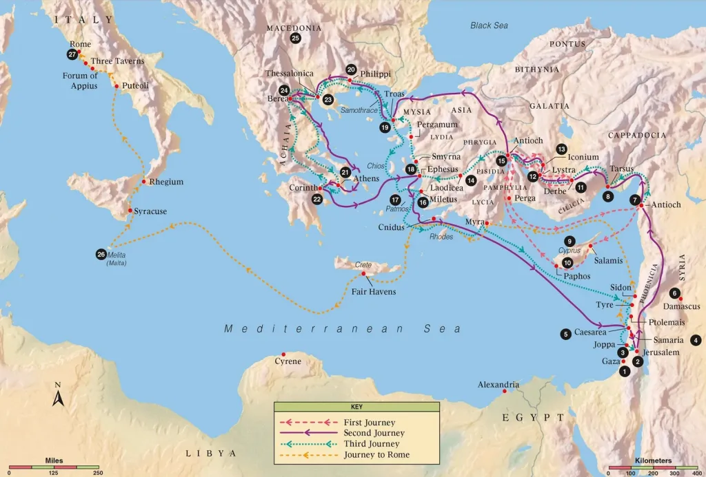 The routes followed by Paul during his missionary journeys in Anatolia and the Balkans.