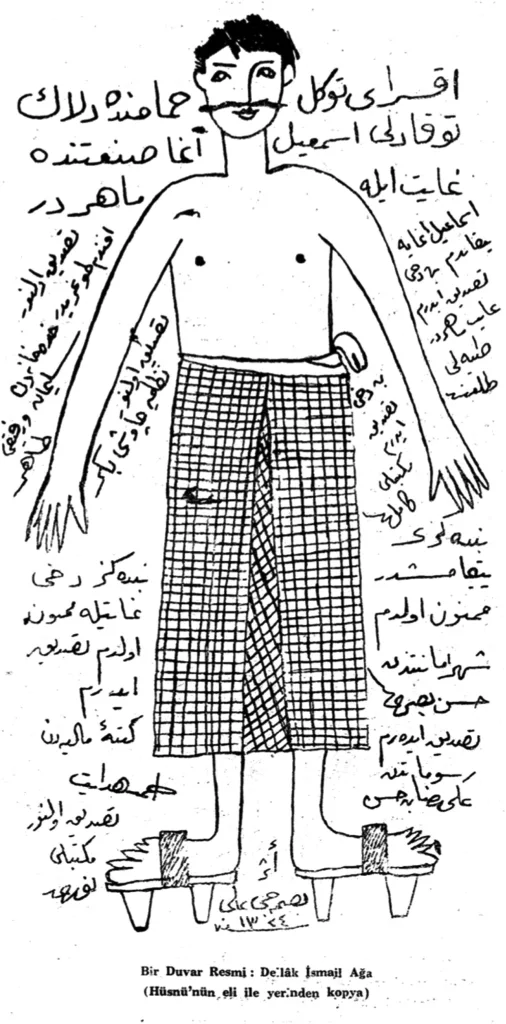 A drawing of İsmail Ağa from the toilet at Muradpaşa Mosque (copied on side by Hüsnü) (Özoğlu, M. (2024). Reading for the future: İstanbul Ansiklopedisi, a collection without origin. Culture, Theory and Critique, 1–19. https://doi.org/10.1080/14735784.2024.2366334)