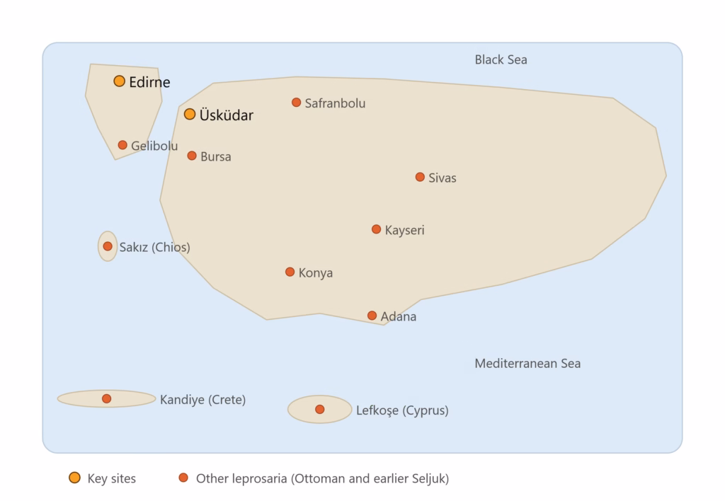alt="Map of Ottoman-era leprosaria across Anatolia, including Edirne, Üsküdar, Bursa, Konya and Crete"